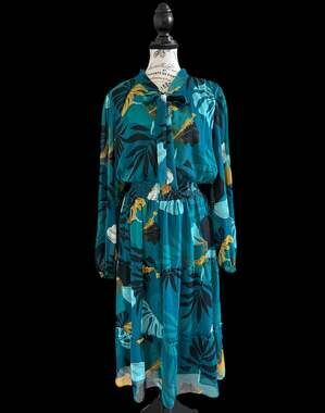 Liz Claiborne Teal Tropical Floral Chiffon Tie Neck Smocked Waist Midi 18